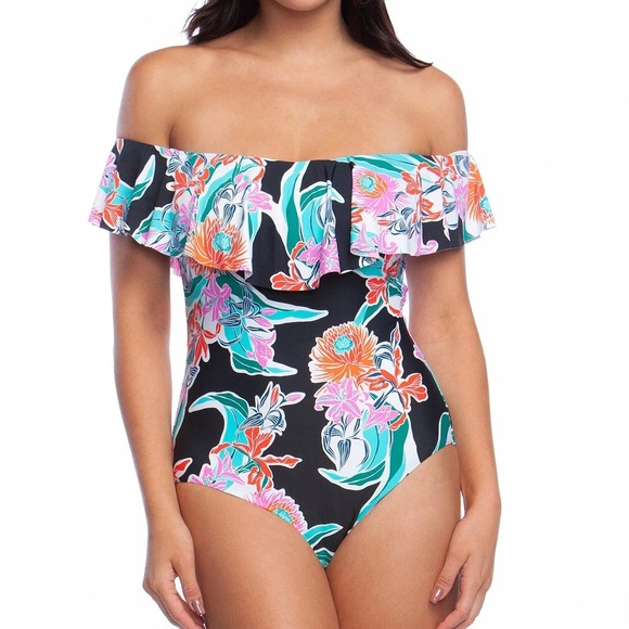Trina Turk Tropic Wave Off-The-Shoulder One Piece Swimsuit size 10 - Picture 1 of 9